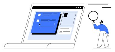 Web sayfası tasarımı, metin kutuları ve küçük resimli bir dizüstü bilgisayarı analiz eden kişi. Web tasarımı için ideal, kullanıcı arayüzü, teknoloji, analiz, takım çalışması, basit iniş sayfası