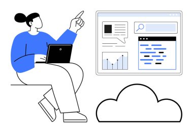 Bilgisayarlı bir kadın analitik, çizelge ve arama çubuğunu gösteren dijital arayüzü işaret ediyor. Teknoloji, veri analizi, bulut hesaplama, dijital çalışma alanı, uzaktan çalışma, eğitim için ideal