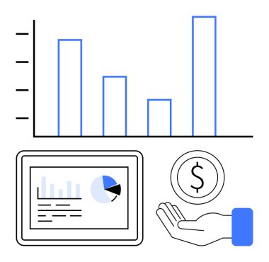 Veri eğilimlerini temsil eden çubuk çizelgesi, pasta grafiği ve metin tableti, finansmanı temsil eden para birimi ile elini aç. İş analizi, finans, pazarlama, veri görselleştirme, karar verme süreci için ideal
