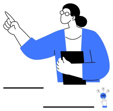 Mavi ceketli kadın tek eliyle işaret eden bir belge tutuyor. Bağlı düğümlere sahip İK simgesi. Takım çalışması, liderlik, karar verme, İK uygulamaları, sunumlar, eğitim için ideal