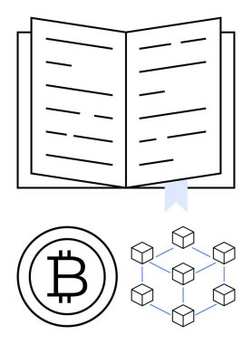 Metin satırları ve kurdele yer imleriyle birlikte Bitcoin logosu ve bağlı küplerden oluşan engelleme ağının olduğu açık bir kitap. Kripto para birimi, fintech, eğitim, teknoloji, yenilik için ideal