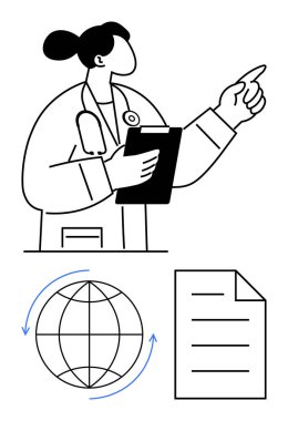 Doktor pano tutuyor, yukarı bakıyor, dünya okları ve belge ikonu ile eşleştirilmiş. Sağlık, tıp, tavsiye, rehberlik, küresel iletişim belgeleri eğitimi için idealdir. Temiz daire