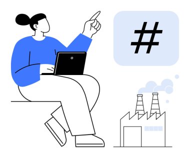 Fabrikanın yakınındaki meta veri etiketine işaret eden dizüstü bilgisayarı olan kişi. Endüstri, teknoloji, sosyal medya, yenilik, dijital pazarlama, iletişim ve basit bir iniş sayfası için ideal