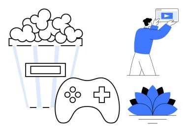 Patlamış mısır kovası, oyun kumandası, insan eliyle tutulan video oynatıcı, nilüfer çiçeği. Oyun, yayın, boş zaman, farkındalık, eğlence saadeti sade iniş sayfası için ideal