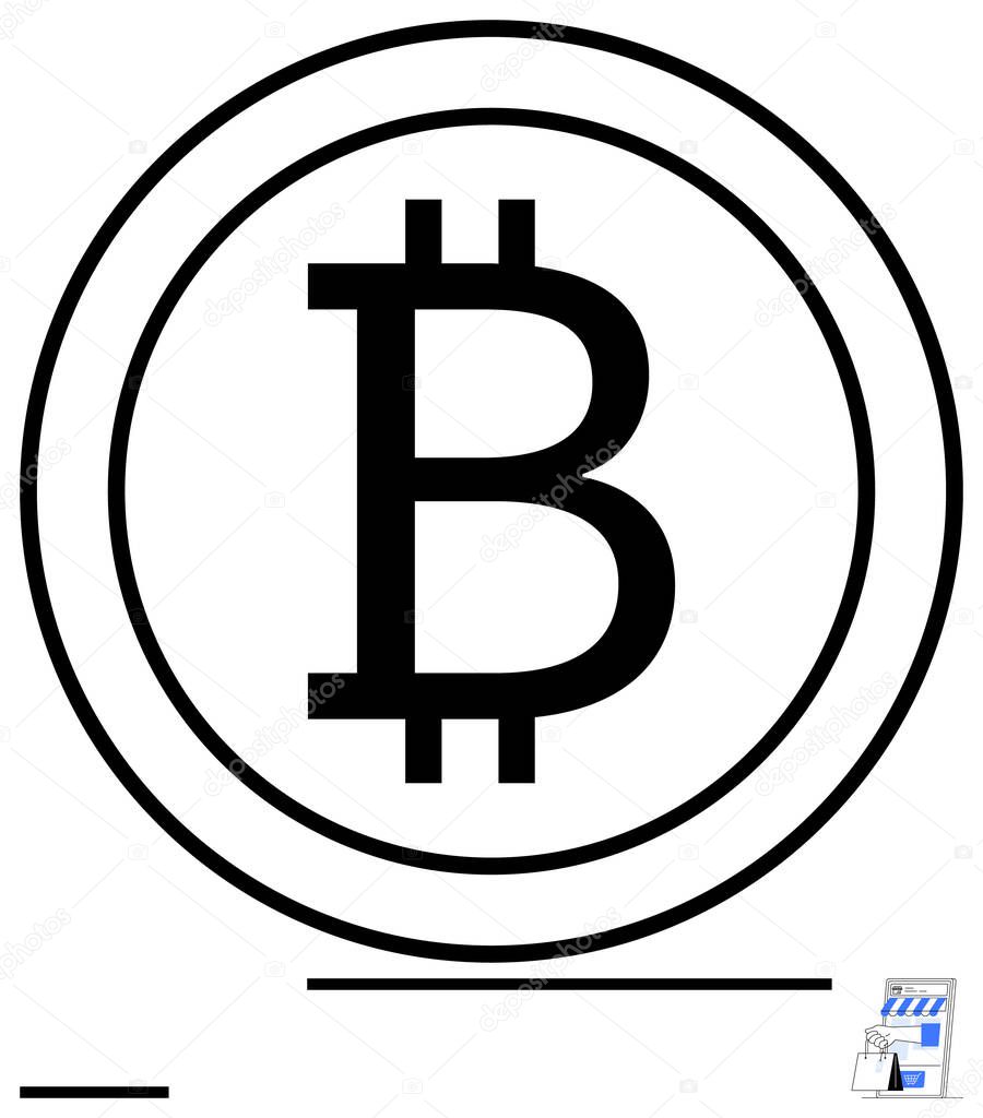 Iconic Bitcoin logo centered within circular border representing cryptocurrency, fintech, and digital economy. Ideal for cryptocurrency, blockchain, finance, technology, virtual wallet, investment