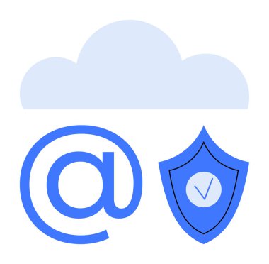 Kontrol işaretli e-posta sembolü ve kalkanı üzerindeki bulut veri koruması, siber güvenlik ve e-posta güvenliğini vurguluyor. Teknoloji için ideal, çevrimiçi iletişim, bulut hizmetleri, bilişim güvenliği, dijital