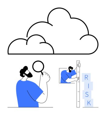 Engeller cetvel altında istiflenirken, karar verme, değerlendirme ve belirsizlik çözümünün altını çizerek, büyüteçle riski inceler. Risk yönetimi, analiz, finans, strateji için ideal