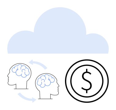 Bir dolar işareti ile bir bulutun altındaki oklarla birbirine bağlı iki insan profili. Yenilik, bilgi paylaşımı, işbirliği, bulut hesaplama, dijital ticaret, eğitim, basit