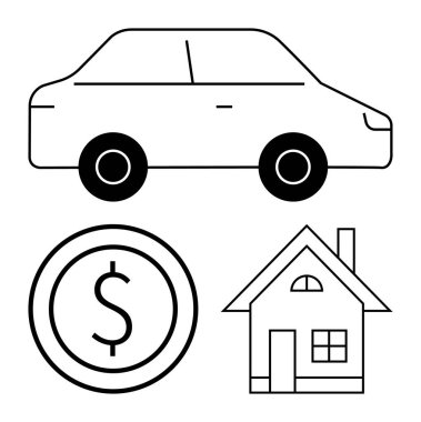 Minimalist araba, dolar parası ve ev tasarımı finans, yatırım, servet, tasarruf, mülkiyet, mülkiyet ve ekonomik kavramlar. Bankacılık kredileri için ideal sigorta basit bir iniş sayfası