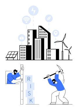 Güneş panelleri, rüzgar türbinleri ve bağlantı ikonları olan şehir silueti. Riski yöneten ve azaltan iki karakter. Sürdürülebilirlik, teknoloji, yenilik, risk değerlendirmesi, iş stratejisi için ideal