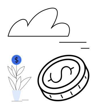 Bulut ana hatları, dolar işaretli büyük para ve tasarruf, finansal büyüme, yatırım, doğa, teknoloji, yaratıcılık ve basit bir iniş sayfasını sembolize eden dolar çiçekli bitki.