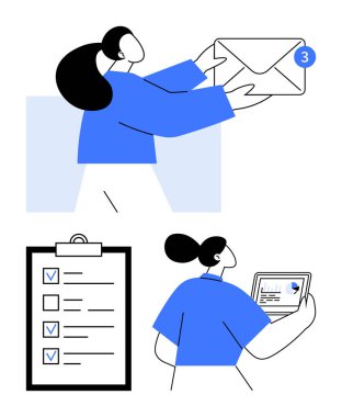 E-posta ile ilgilenen bir kadın, panodaki kontrol listesini gözden geçiriyor ve dizüstü bilgisayardaki verileri analiz ediyor. Üretim, organizasyon, takım çalışması, görev öncelikleri, iş akışı, iletişim için ideal basit iniş