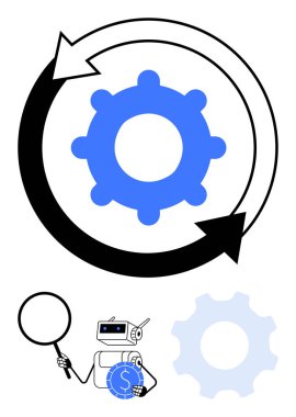 Dairesel oklu dişli, süreç akışını ve verimliliğini vurgular. Robot büyüteç ve dolar taşıma araçları içgörü, hassasiyet, maliyet yönetimi. Yenilik ve iş büyümesi için ideal