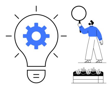 Vitesli ampul yeniliği simgeliyor, adam bahçenin yanında büyüteç tutuyor. Takım çalışması, yaratıcılık, çözümler, araştırma, büyüme, yenilik için ideal, basit iniş sayfası