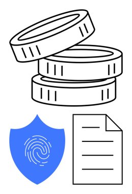 Parayı sembolize etmek için birikmiş paralar, veri güvenliği için parmak iziyle kalkan ve yasal ya da finansal kayıtlar için belge. Finans, veri koruması, güvenlik, hukuki ve uyum için ideal