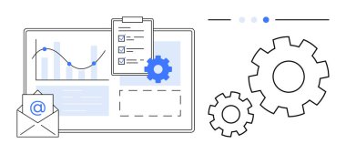 Analitik çizelge, kontrol listesi, e-posta ikonu ve çark verimliliği, iş akışı optimizasyonunu ve planlamayı temsil eder. Teknoloji, analitik, iletişim projesi yönetimi web geliştirmesi için ideal