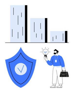 İş adamı elinde bir ampul tutarak bar çizelgesi ve kalkanla fikirleri sembolize ediyor. Yenilik, veri analizi, güvenlik, büyüme, problem çözme, araştırma ve basit iniş sayfası için ideal