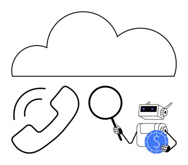 Bulut, büyüteç, telefon ahizesi ve veri analizi yapan yapay zeka robotu. Bulut hesaplama, yapay zeka, otomasyon, dijital dönüşüm, çevrimiçi iş araçları için ideal