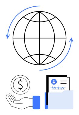 Döndürme okları olan bir dünya, klasörde bir belge, para teklif eden bir el. Kavramların ideali küresel ticaret, finans, veri paylaşımı, iş büyümesi, ağ oluşturma, işbirliği sade iniş
