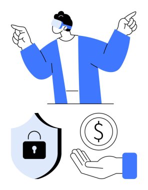 Adam sanal gerçeklik kulaklığı takarken işaret ediyor, kalkanı kilitli, parası avucunun içinde. Teknoloji, güvenlik, finans, yenilik, dijital ekonomi ve eğitim için ideal basit iniş sayfası