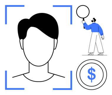 Arayüzlü basit yüz profili, kişi tutma çemberi ve dolar işareti. Kimlik doğrulama, biyometrik, yapay zeka, kullanıcı arayüzü, güvenlik sade iniş sayfası için ideal