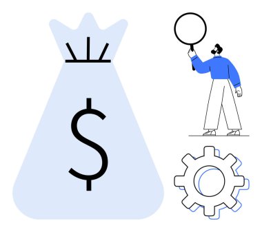 Dolar işaretli para çantası, vitesi sembolize etme süreci, balon tutan figür. Finans, strateji, yenilik, takım çalışması, teknoloji hedefi iş kurmak için idealdir. Basit iniş sayfası