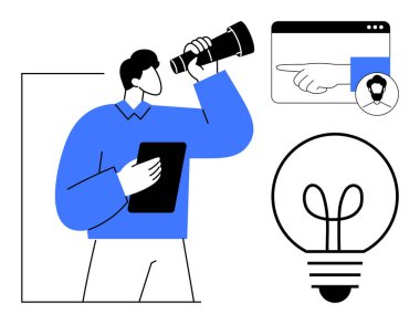 Teleskoplu ve tabletli bir adam fırsatları arıyor, el arayüzünü işaret ediyor, ampulü parlıyor. Yenilik, planlama, strateji, keşif, yaratıcılık, kariyer büyüme karar verme süreci için ideal