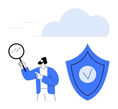 Kalkanın yanında büyüteç tutan bir adam ve bulutun üzerinde işaretler var. Siber güvenlik, bulut güvenliği, mahremiyet, araştırma, güven, veri koruması, basit iniş sayfası için ideal