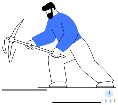 Elinde kazmayla yere çarpan biri var. Sıkı çalışma, madencilik, inşaat, işçilik, kararlılık, çaba, fiziksel aktivite temaları için idealdir. Temiz düz basit metafor