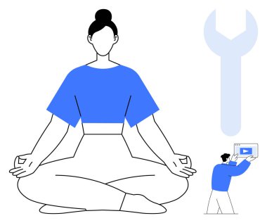 Yoga pozisyonunda oturan kadın sakinliği temsil ediyor. Dev ingiliz anahtarı problem çözmeyi ön plana çıkarıyor. Videonun ayarlanması yaratıcılığı sembolize eder. Farkındalık, verimlilik, sağlık ve teknoloji için ideal.