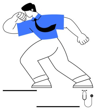 Mavi gömlekli kendinden emin bir adam cesur bir duruşla ileri doğru yürüyor. Gücü ve büyümeyi simgeliyor. Liderlik için ideal motivasyon, kariyer gelişimi, eylem, güç, hırs, basit iniş sayfası