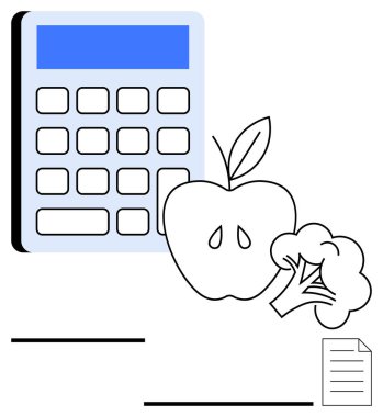 Elma, brokoli ve kağıt çarşafın yanına hesap makinesi. Bütçe, yemek planlaması, sağlık rehberliği, finans, diyet yönetimi, eğitim için ideal