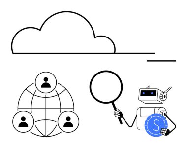 Veri içeren bulut, küresel kullanıcı ağı ve büyüteç ve bozuk para tutan yapay zeka robotu. Bulut hesaplama, yapay zeka araştırması, veri analizi, fintech, küresel bağlantı, dijital para birimi fütüristik