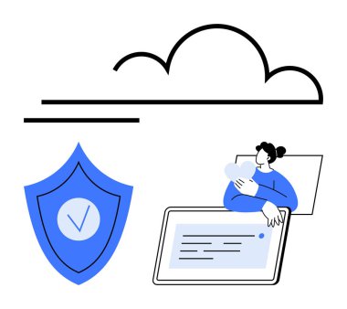 Depolama simgesine sahip bulut, işaretli kalkan, veri tutan kişi ve tablet ekran. Bulut bilgisayarı, güvenlik, gizlilik, veri depolama, teknoloji uzaktan erişim için ideal basit iniş sayfası