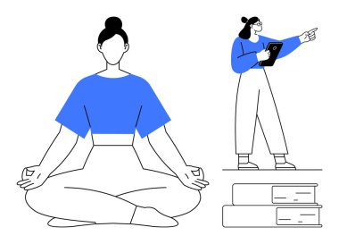 Yoga pozisyonunda meditasyon yapan bir kadın ve kitapların yanında tablet tutan bir diğeri. Farkındalık, eğitim, denge, odaklanma, kendini geliştirme, basit iniş sayfası için ideal