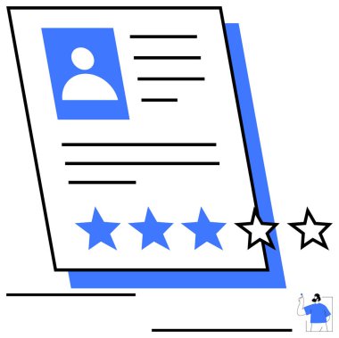 Kullanıcı profili, metin detayları ve derecelendirme yıldızlarını gösteren dijital özgeçmiş. İşe alım, İK süreçleri, değerlendirme sistemleri, iş fırsatları, kariyer büyümesi, beceri değerlendirmesi için ideal basit