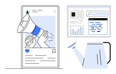 Megafonlu sosyal medya iletisi, grafikli analitik gösterge paneli ve büyümeyi sembolize eden bir sulama kutusu. Pazarlama, strateji, analitik, müdahale, reklam, basit iniş için ideal
