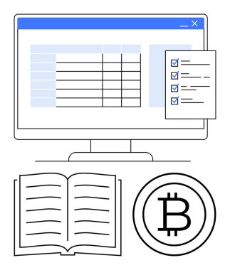 Monitörde hesap tablosu, kontrol listesi, açık kitap ve Bitcoin işareti. Finans, eğitim, kripto para birimi, veri organizasyonu dijital izleme teknolojisi için idealdir. Düz basit metafor