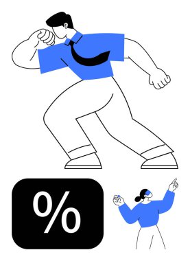 Mavi gömlekli enerjik figür başarı için esniyor, yüzde işareti başarı ölçülerini vurguluyor ve bir takım arkadaşı rehber olarak jestler yapıyor. Takım çalışması, motivasyon, başarı, liderlik, büyüme için ideal