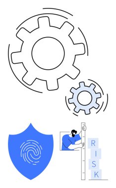İşlemleri temsil eden dişliler, güvenlik için parmak izi olan kalkan, risk bloklarını analiz eden kişi. Güvenlik, süreç yönetimi, risk değerlendirmesi, veri analizi, optimizasyon ve izleme için ideal