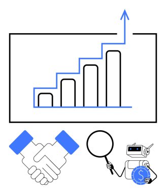 Yükselme eğilimi, tokalaşma, büyüteç ve para tutan robot çizelgesi. İş büyümesi, analitik, takım çalışması, finansal yenilik otomasyon araştırmaları için idealdir. Düz basit metafor