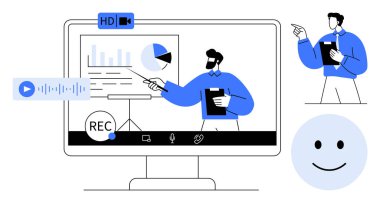 Hoparlör dijital ekrandaki verileri çizelgeler, video çağrı arayüzü ve simgelerle gösteriyor. Uzak çalışma, çevrimiçi öğrenme, webinarlar, sanal toplantılar, video kaydı, sunumlar için ideal