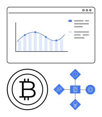 Büyüme eğilimli veri tablosu, Bitcoin logosu ve zaman, belge ve fikirler de dahil olmak üzere ağ simgelerini engelliyor. Kripto para birimi, finans, engelleme zinciri, yatırım teknolojisi analizleri için ideal