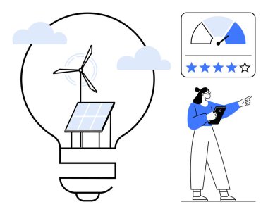 Bir ampulün içindeki güneş paneli ve rüzgar türbini, bulutlar, performans ölçeği, geleceği gösteren tablet tutan kadın. Yenilenebilir enerji, sürdürülebilirlik, yenilik, çevre, temiz