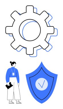 Vites optimizasyonu, güvenlik göstergesi olan kalkan ve pano çizim analizi yapan bir kadın. İş, teknoloji, veri yönetimi, güvenlik, işlemler için ideal