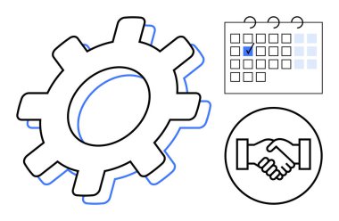 Vites simgesi süreçleri, takvim planlamayı ve el sıkışma da takım çalışmasını simgeler. Üretkenlik, işbirliği, süreç optimizasyonu, iş akışı, proje yönetimi, ortaklık için ideal