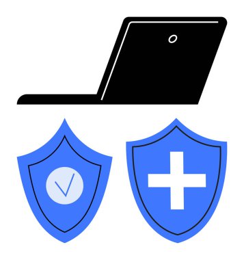 Dizüstü bilgisayarda iki mavi kalkan üzerinde işaretli ve çapraz bir sembol var. Siber güvenlik, sağlık güvenliği, veri güvenliği, dijital koruma, çevrimiçi mahremiyet, risk yönetimi, basit iniş