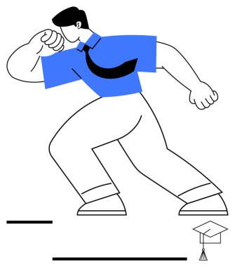 İş kıyafeti giymiş kendine güvenen, kararlılıkla ilerleyen, aşağıdaki küçük mezuniyet şapkası. Eğitim, büyüme, hırs, başarı, odaklanma, kariyer hazırlama hedefleri için idealdir. Düz