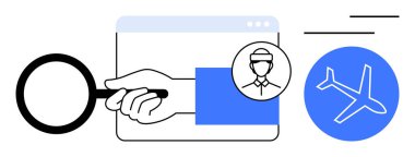 Dijital arayüz üzerindeki büyüteç, insan simgesi ve arama, seyahat planlama, veri analizi, navigasyon, havacılık, turizm keşiflerini simgeleyen uçak. Dijital araçlar takım çalışması için ideal