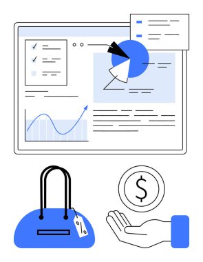 Pasta grafiği, grafik, belgeler, fiyat etiketli alışveriş çantası, bozuk para ve el. Ecommerce, perakende, finans, veri alışverişi ya da basit bir iniş sayfası için ideal